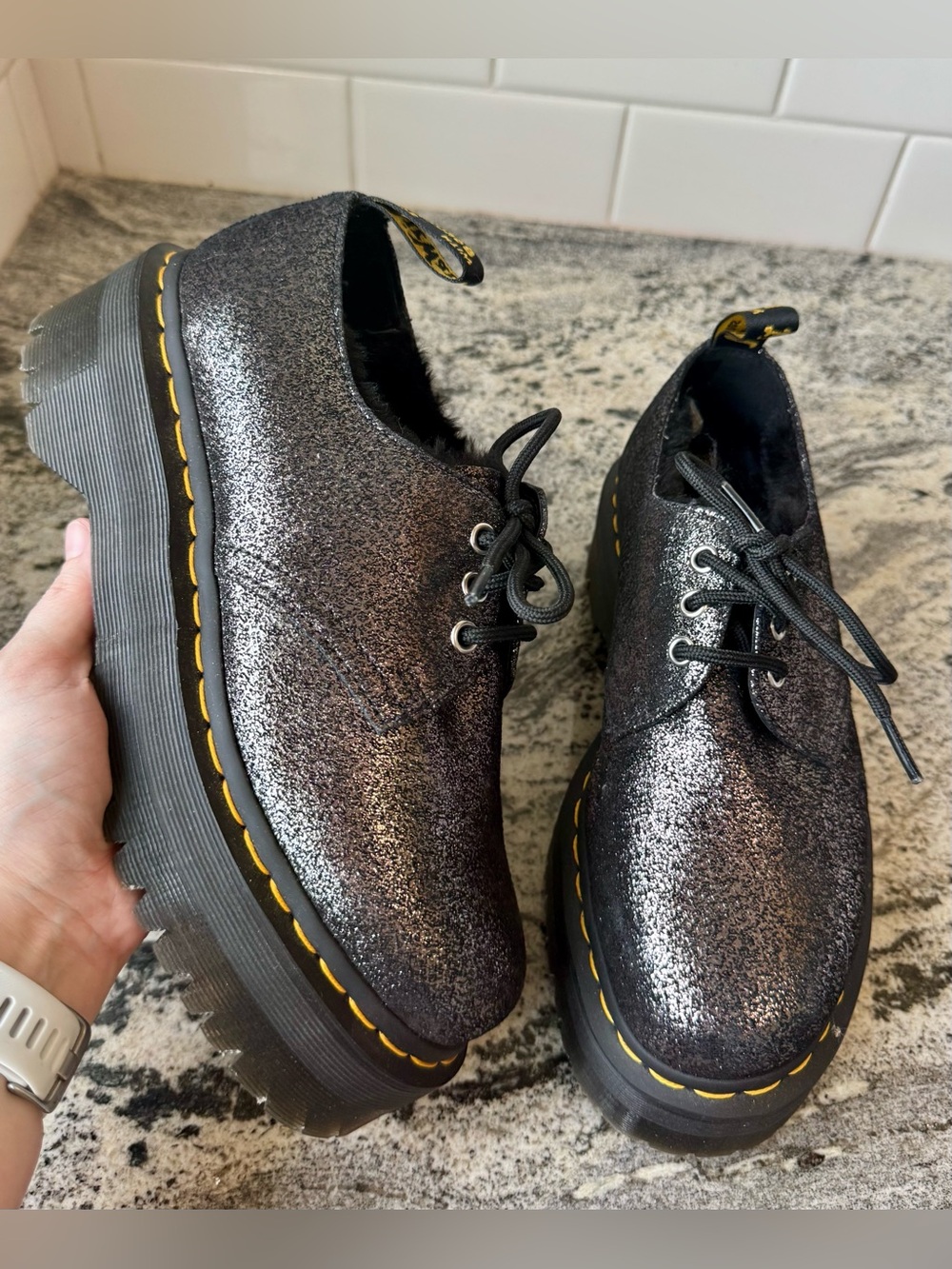 Dr. Martens 1461 Faux Fur Metallic Leather Platform Shoes. L 8. EUC.